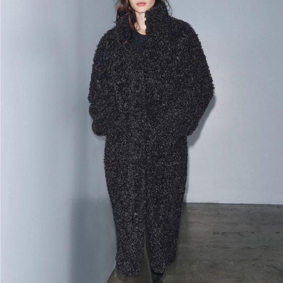 New Zara faux shearling long fleece teddy coat in taupe gray - small - Picture 5 of 11
